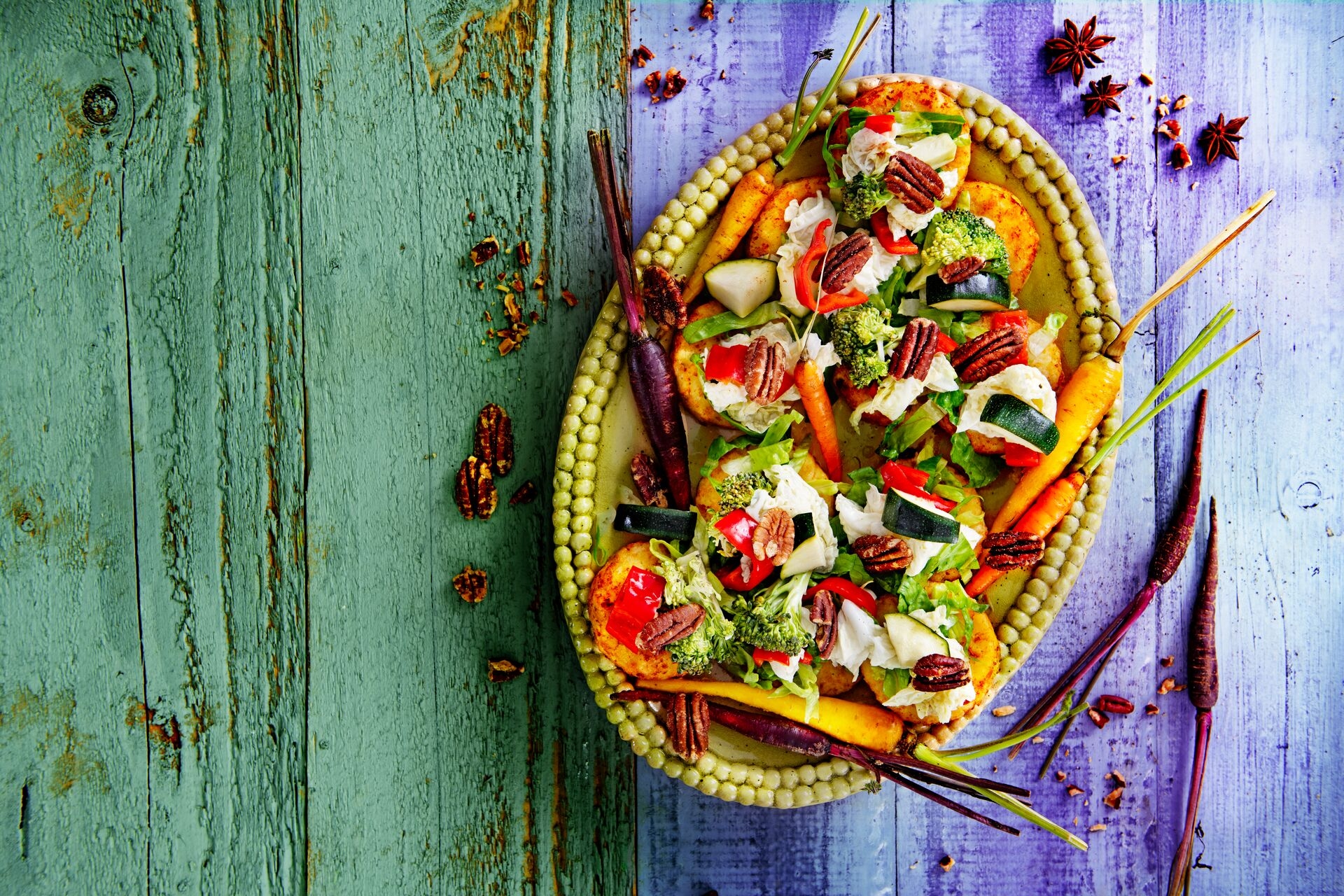 Röstirondjes met groentepickles en pecans